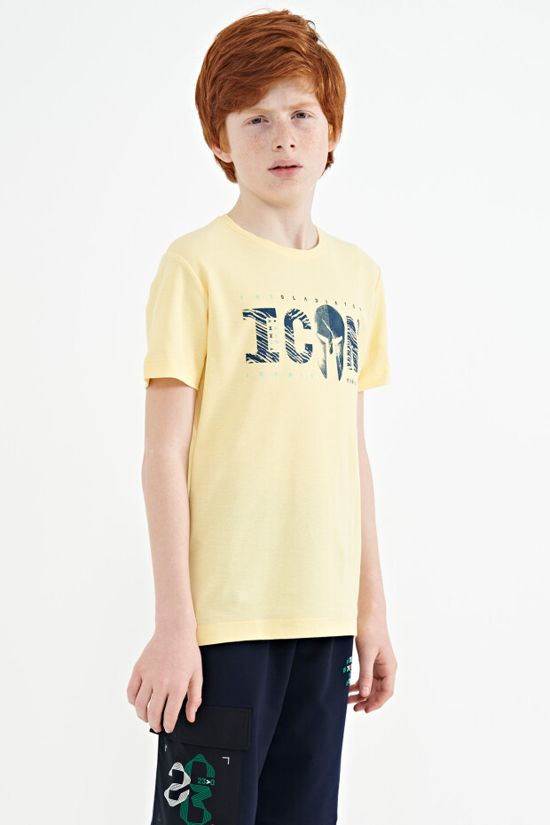 Sarı Ön Yazı Nakışlı O Yaka Standart Kalıp Erkek Çocuk T-Shirt - 11118 - 9