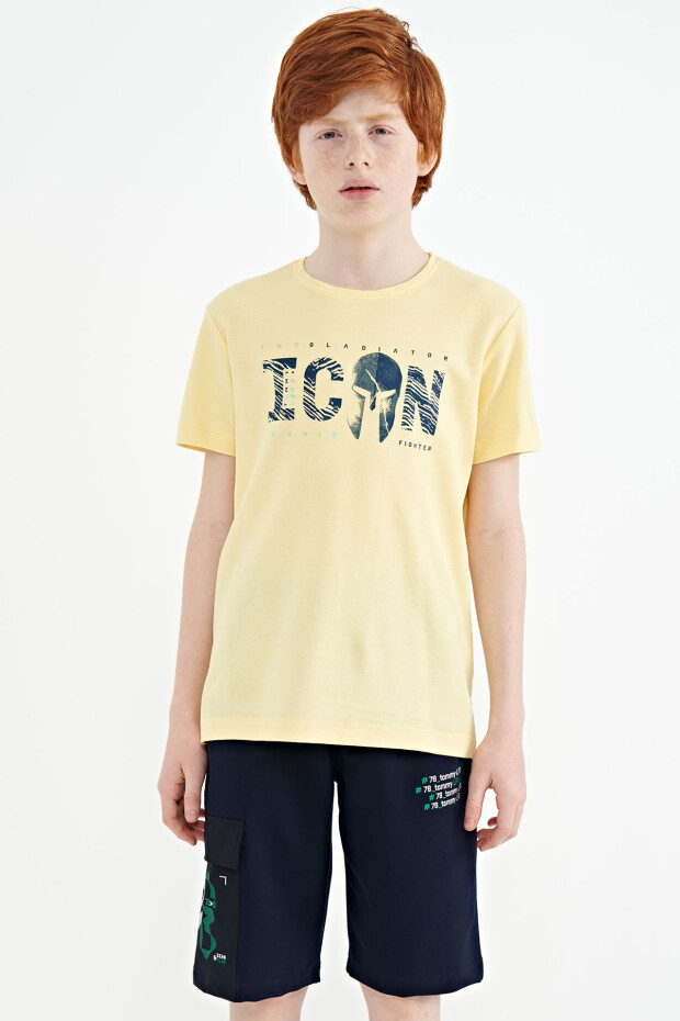 Sarı Ön Yazı Nakışlı O Yaka Standart Kalıp Erkek Çocuk T-Shirt - 11118 - 1