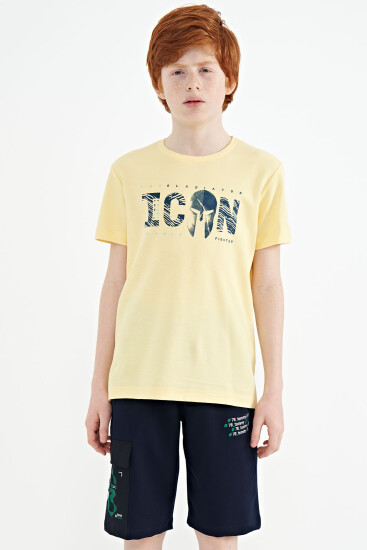 Sarı Ön Yazı Nakışlı O Yaka Standart Kalıp Erkek Çocuk T-Shirt - 11118 