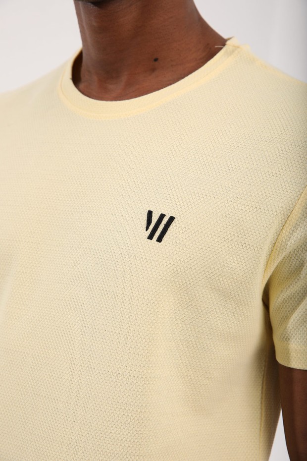 Sarı Petek Dokulu Çift Ok Logolu Standart Kalıp O Yaka Erkek T-Shirt - 87921