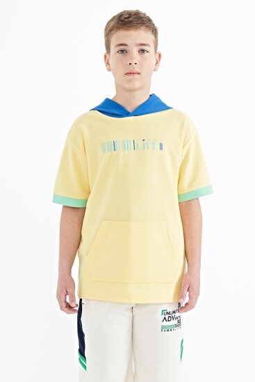 Sarı Renk Bloklu Kapüşonlu Kanguru Cepli Oversize Erkek Çocuk T-Shirt - 11148 