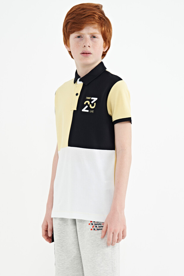 Sarı Renk Bloklu Nakış Detaylı Standart Kalıp Polo Yaka Erkek Çocuk T-Shirt - 11108