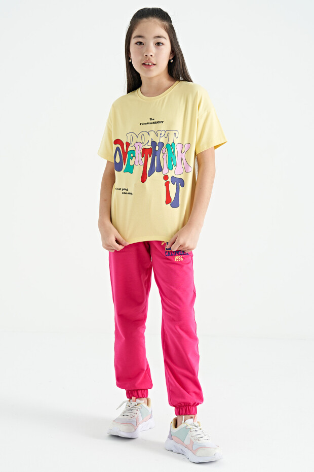 Sarı Renki Yazı Baskılı O Yaka Oversize Kısa Kollu Kız Çocuk T-Shirt - 75112