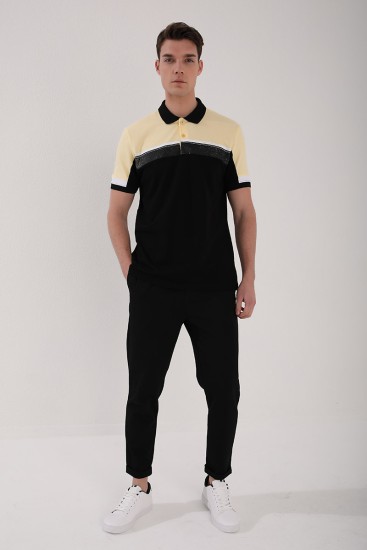Sarı Renkli Baskı Şeritli Standart Kalıp Düğmeli Polo Yaka Erkek T-Shirt - 87945 - Thumbnail