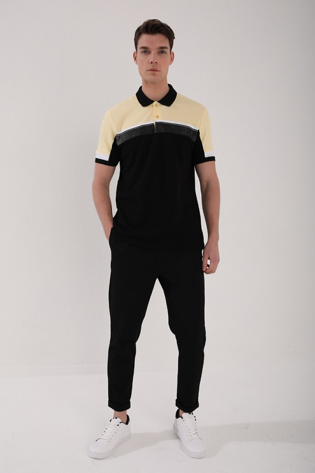 Sarı Renkli Baskı Şeritli Standart Kalıp Düğmeli Polo Yaka Erkek T-Shirt - 87945