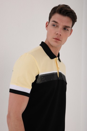 Sarı Renkli Baskı Şeritli Standart Kalıp Düğmeli Polo Yaka Erkek T-Shirt - 87945 - Thumbnail