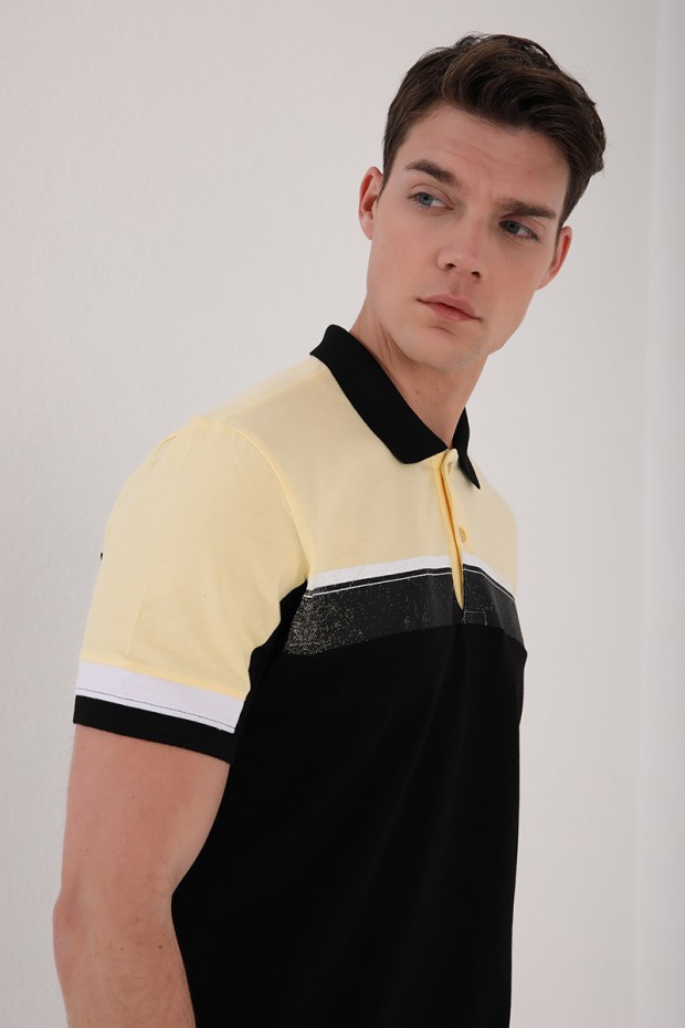 Sarı Renkli Baskı Şeritli Standart Kalıp Düğmeli Polo Yaka Erkek T-Shirt - 87945