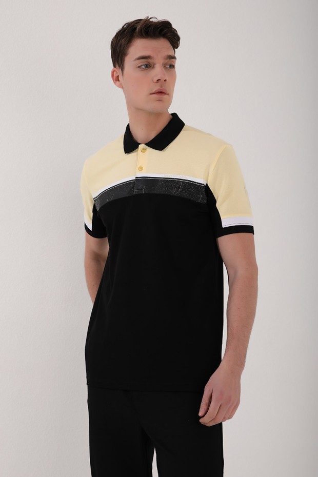 Sarı Renkli Baskı Şeritli Standart Kalıp Düğmeli Polo Yaka Erkek T-Shirt - 87945