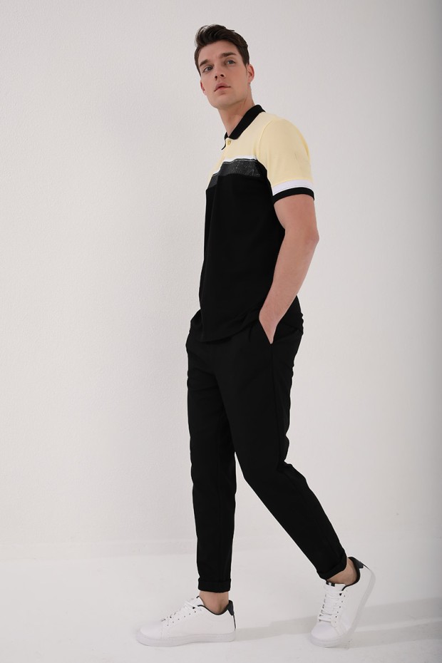 Sarı Renkli Baskı Şeritli Standart Kalıp Düğmeli Polo Yaka Erkek T-Shirt - 87945