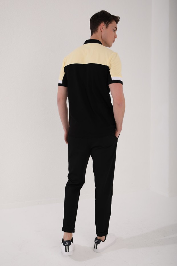 Sarı Renkli Baskı Şeritli Standart Kalıp Düğmeli Polo Yaka Erkek T-Shirt - 87945