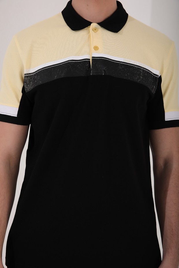 Sarı Renkli Baskı Şeritli Standart Kalıp Düğmeli Polo Yaka Erkek T-Shirt - 87945