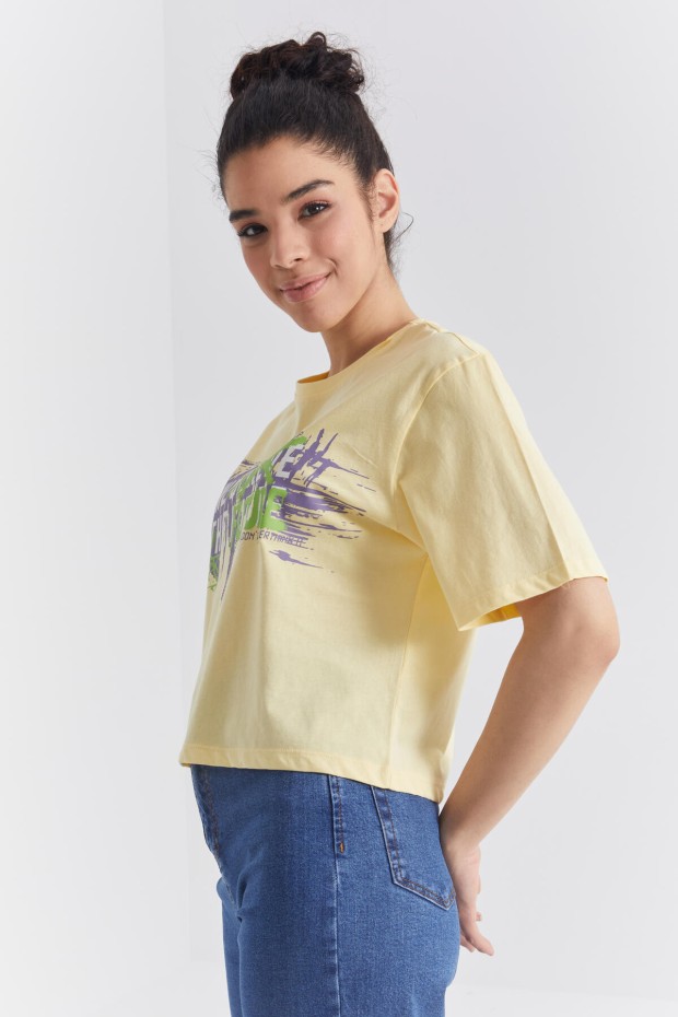 Sarı Renkli Yazı Baskılı O Yaka Kadın Oversize T-Shirt - 97212