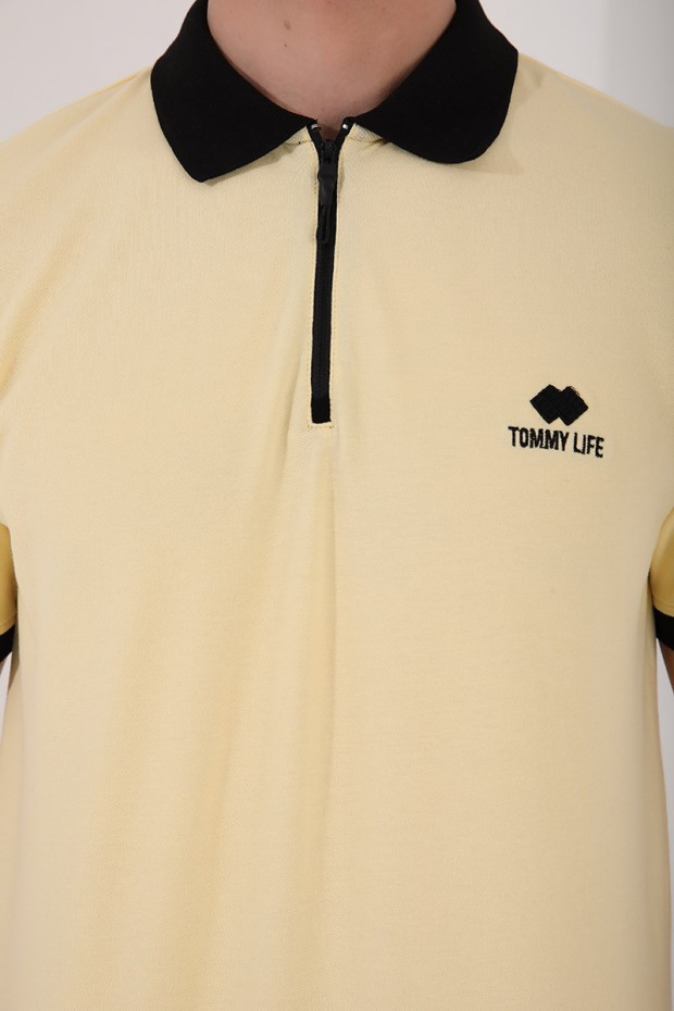 Sarı Yarım Fermuarlı Standart Kalıp Polo Yaka Erkek T-Shirt - 87961