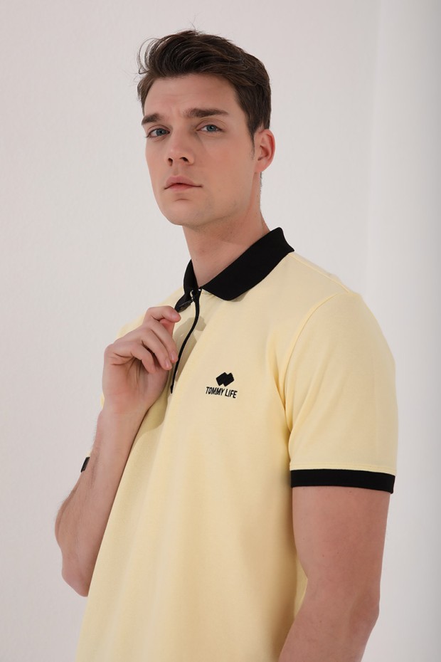 Sarı Yarım Fermuarlı Standart Kalıp Polo Yaka Erkek T-Shirt - 87961
