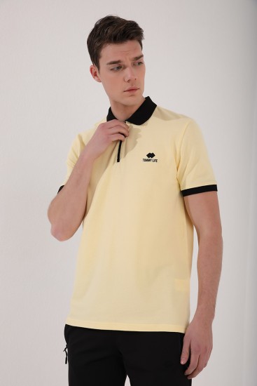 Sarı Yarım Fermuarlı Standart Kalıp Polo Yaka Erkek T-Shirt - 87961 - Thumbnail