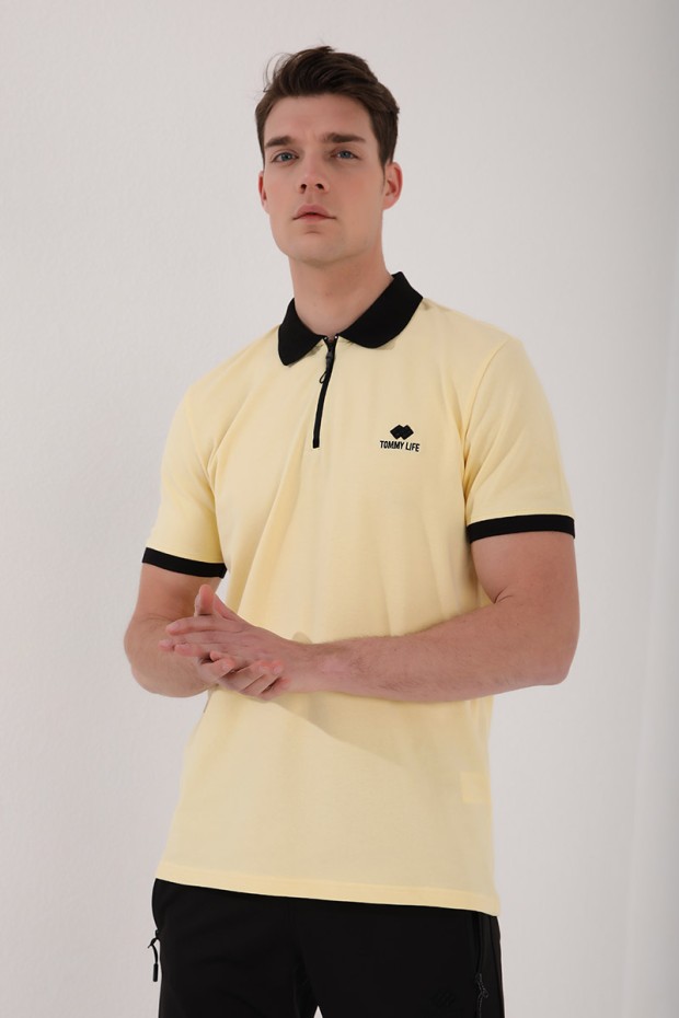 Sarı Yarım Fermuarlı Standart Kalıp Polo Yaka Erkek T-Shirt - 87961