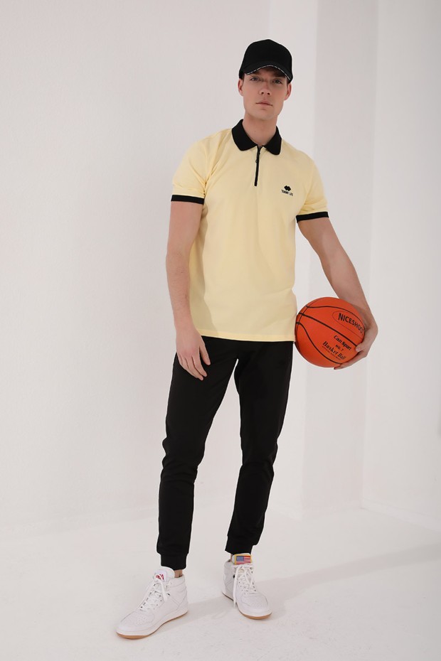 Sarı Yarım Fermuarlı Standart Kalıp Polo Yaka Erkek T-Shirt - 87961