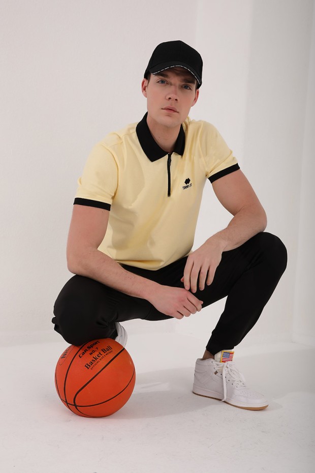 Sarı Yarım Fermuarlı Standart Kalıp Polo Yaka Erkek T-Shirt - 87961