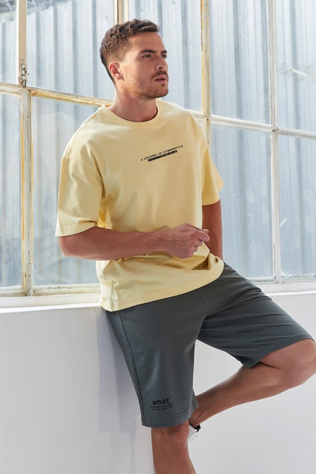Sarı Yazı Baskılı O Yaka Erkek Oversize T-Shirt - 87984