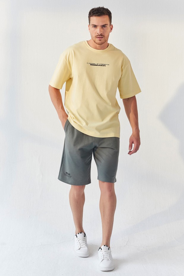 Sarı Yazı Baskılı O Yaka Erkek Oversize T-Shirt - 87984