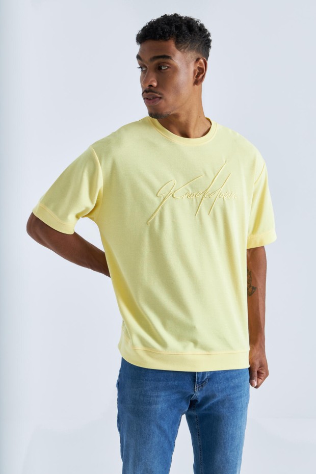 Sarı Yazı Nakışlı O Yaka Erkek Oversize T-Shirt - 88102