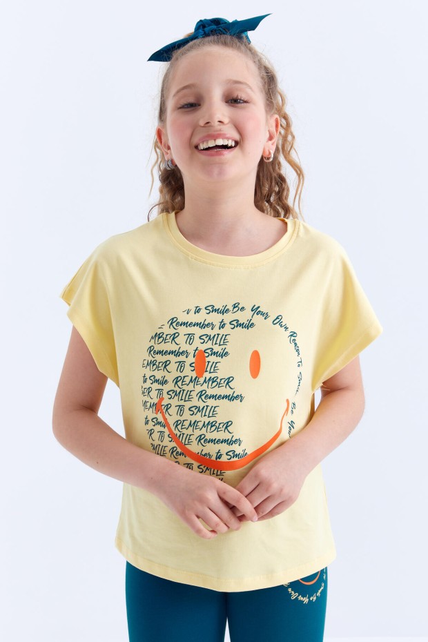 Sarı - Zümrüt Emoji Baskılı Kısa Kollu O Yaka Kız Çocuk Tayt Takım - 75062