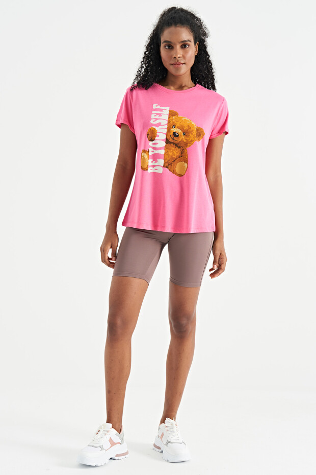 Şeker Pembe Ayıcık Baskılı Kısa Kollu O Yaka Oversize Kadın T-Shirt - 02242