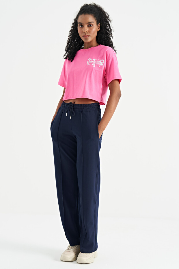 Şeker Pembe Baskılı Düşük Kol Detaylı Oversize Kadın Crop T-Shirt - 02179