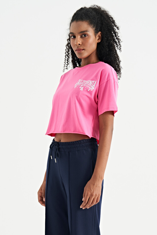 Şeker Pembe Baskılı Düşük Kol Detaylı Oversize Kadın Crop T-Shirt - 02179