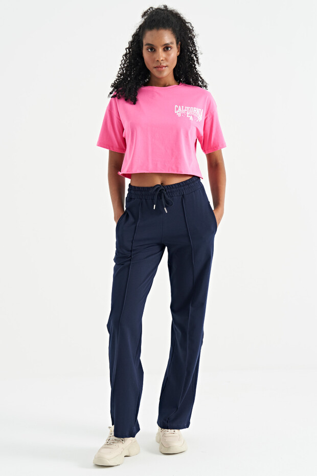 Şeker Pembe Baskılı Düşük Kol Detaylı Oversize Kadın Crop T-Shirt - 02179