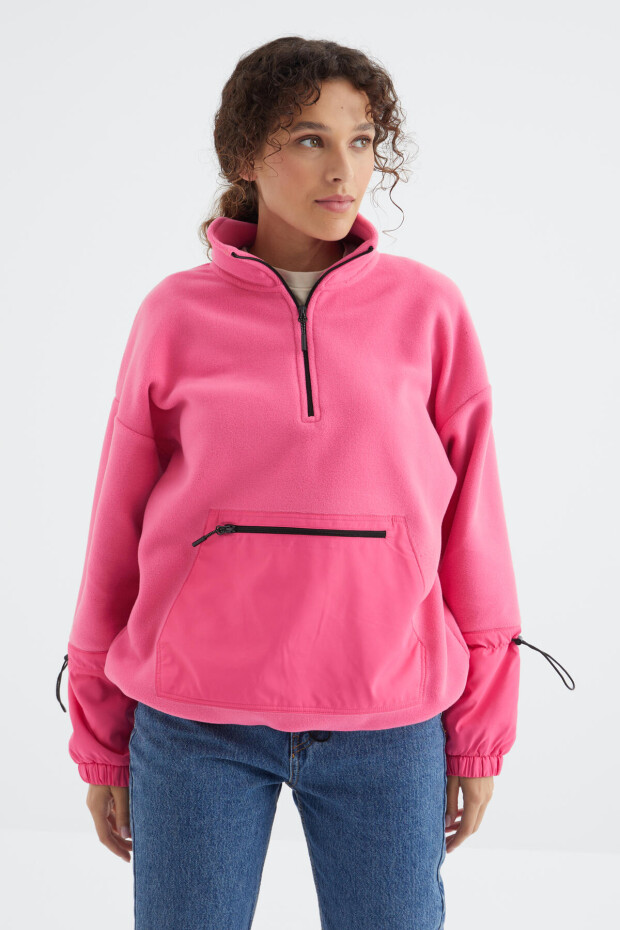 Şeker Pembe Etek Ucu Büzgülü Yarım Fermuarlı Oversize Kadın Polar Sweatshirt - 97238 - 3