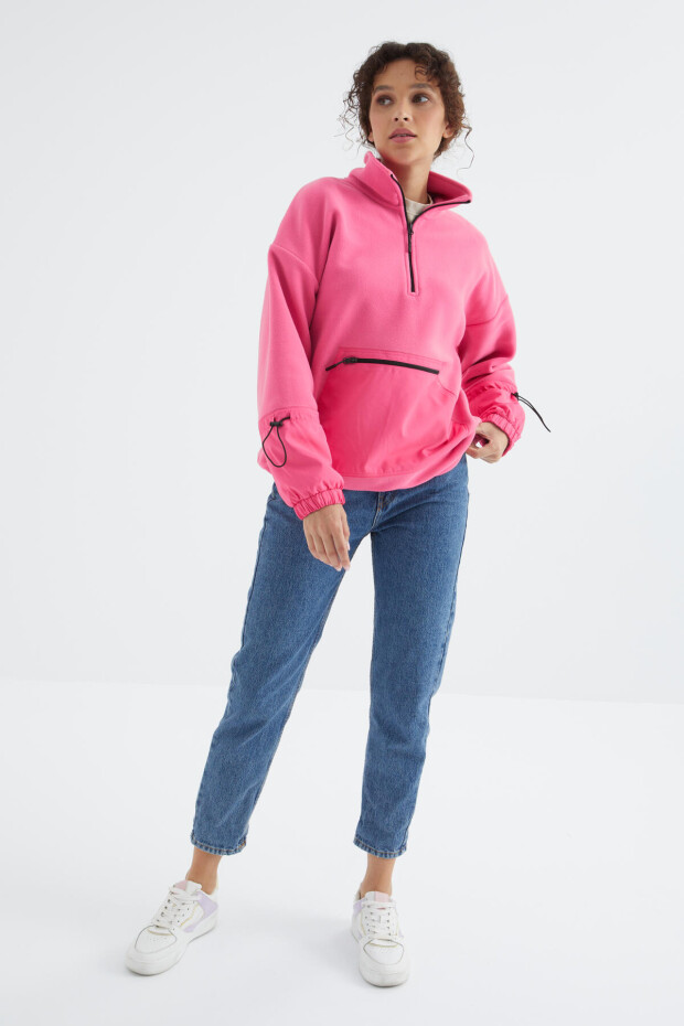 Şeker Pembe Etek Ucu Büzgülü Yarım Fermuarlı Oversize Kadın Polar Sweatshirt - 97238 - 4