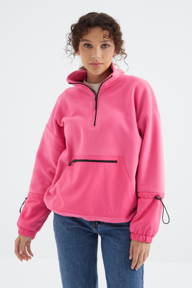 Şeker Pembe Etek Ucu Büzgülü Yarım Fermuarlı Oversize Kadın Polar Sweatshirt - 97238 - 5