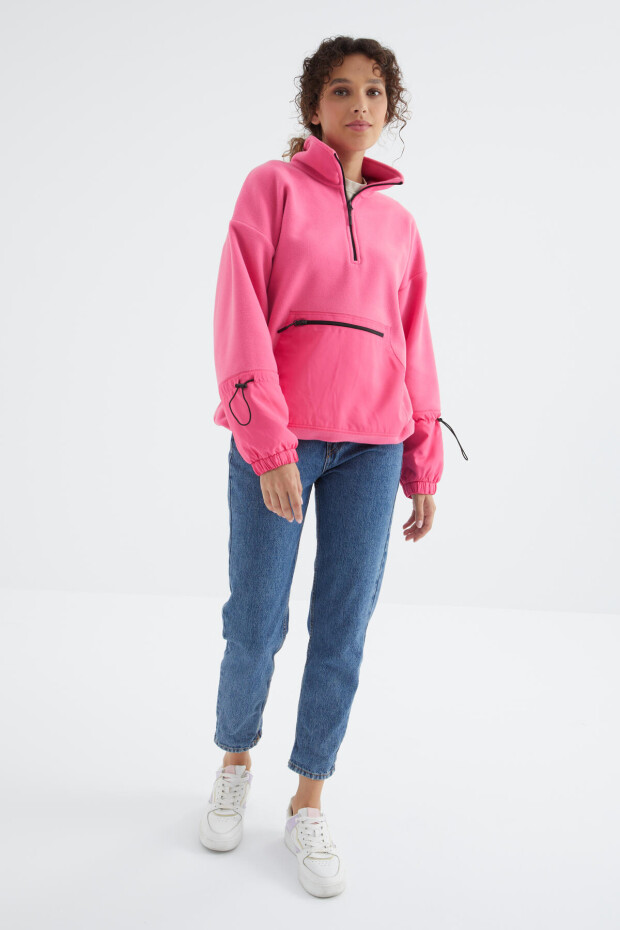 Şeker Pembe Etek Ucu Büzgülü Yarım Fermuarlı Oversize Kadın Polar Sweatshirt - 97238 - 6
