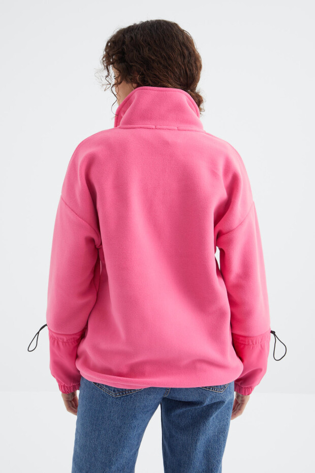 Şeker Pembe Etek Ucu Büzgülü Yarım Fermuarlı Oversize Kadın Polar Sweatshirt - 97238 - 8