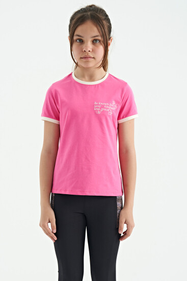 Şeker Pembe Minimal Yazı Baskılı O Yaka Rahat Form Kısa Kollu Kız Çocuk T-Shirt - 75110 