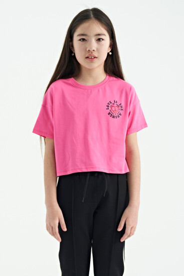 Şeker Pembe Ön Arka Baskılı O Yaka Düşük Omuz Oversize Kısa Kollu Kız Çocuk T-Shirt - 75126 