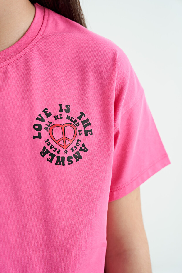 Şeker Pembe Ön Arka Baskılı O Yaka Düşük Omuz Oversize Kısa Kollu Kız Çocuk T-Shirt - 75126