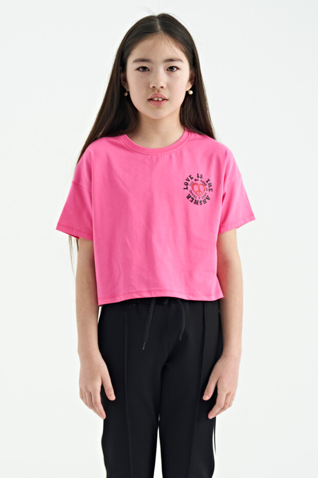Şeker Pembe Ön Arka Baskılı O Yaka Düşük Omuz Oversize Kısa Kollu Kız Çocuk T-Shirt - 75126