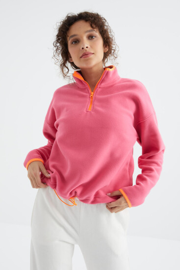 Şeker Pembe Yarım Fermuar Etek Ucu Büzgülü Dik Yaka Oversize Kadın Polar Sweatshirt - 97234 