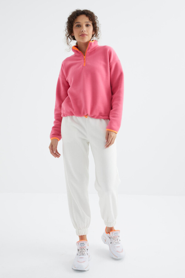 Şeker Pembe Yarım Fermuar Etek Ucu Büzgülü Dik Yaka Oversize Kadın Polar Sweatshirt - 97234