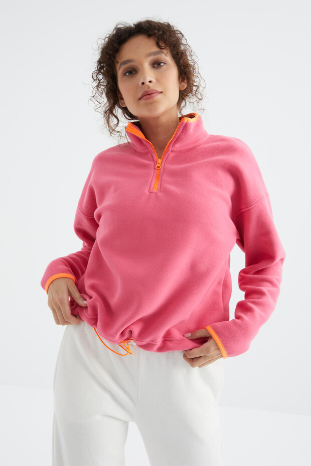 Şeker Pembe Yarım Fermuar Etek Ucu Büzgülü Dik Yaka Oversize Kadın Polar Sweatshirt - 97234 - 1