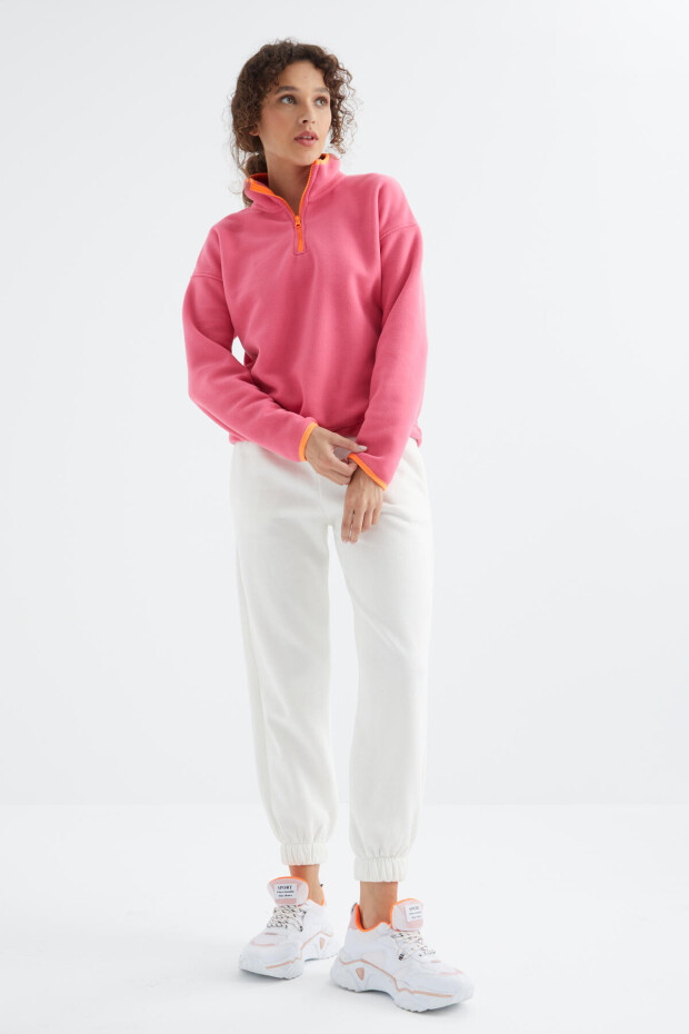 Şeker Pembe Yarım Fermuar Etek Ucu Büzgülü Dik Yaka Oversize Kadın Polar Sweatshirt - 97234 - 2