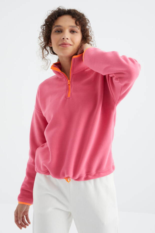 Şeker Pembe Yarım Fermuar Etek Ucu Büzgülü Dik Yaka Oversize Kadın Polar Sweatshirt - 97234 - 3