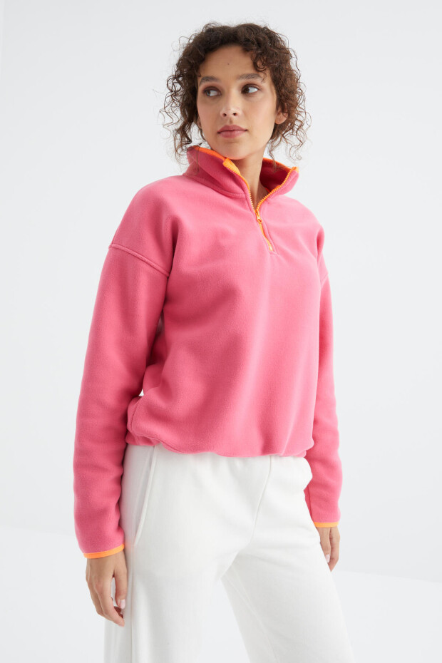 Şeker Pembe Yarım Fermuar Etek Ucu Büzgülü Dik Yaka Oversize Kadın Polar Sweatshirt - 97234 - 5