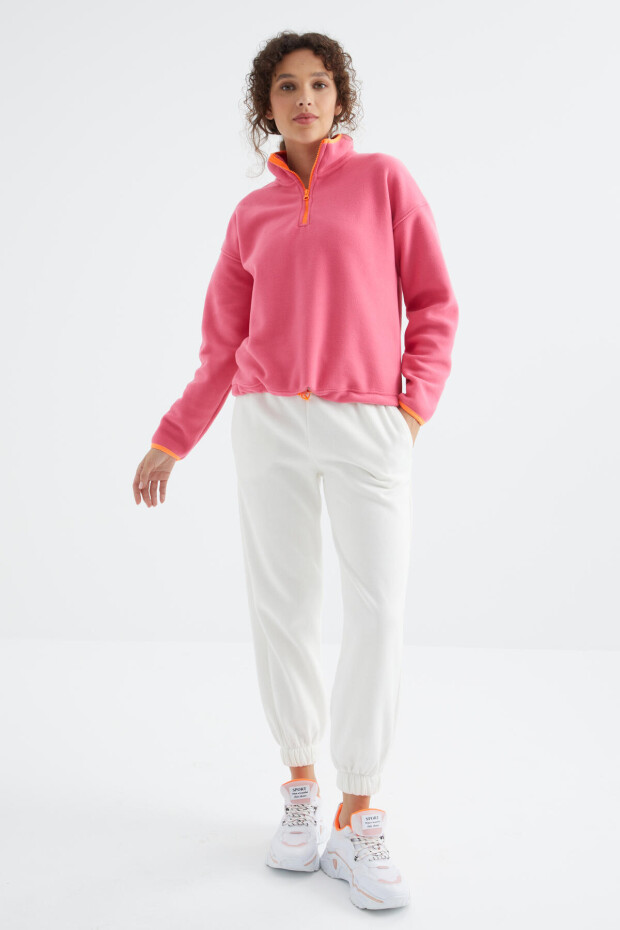 Şeker Pembe Yarım Fermuar Etek Ucu Büzgülü Dik Yaka Oversize Kadın Polar Sweatshirt - 97234 - 6