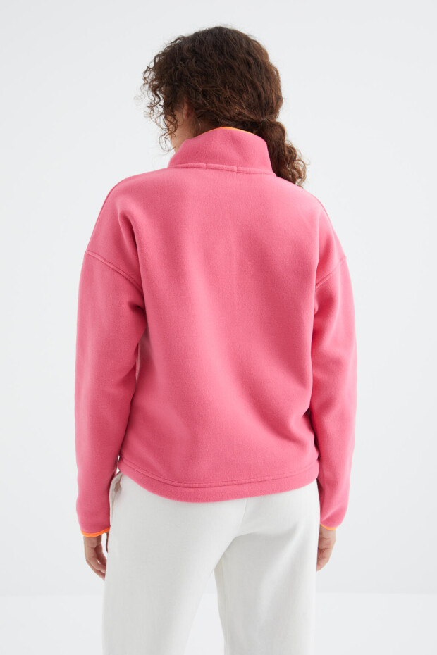 Şeker Pembe Yarım Fermuar Etek Ucu Büzgülü Dik Yaka Oversize Kadın Polar Sweatshirt - 97234 - 8