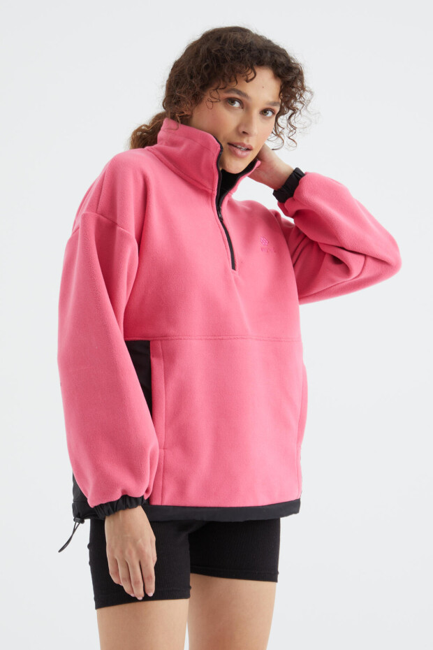 Şeker Pembe Yarım Fermuar Etek Ucu Büzgülü Dik Yaka Oversize Kadın Polar Sweatshirt - 97236 - 3