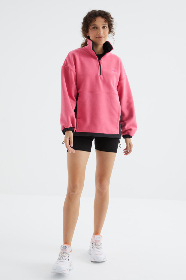 Şeker Pembe Yarım Fermuar Etek Ucu Büzgülü Dik Yaka Oversize Kadın Polar Sweatshirt - 97236 - 4