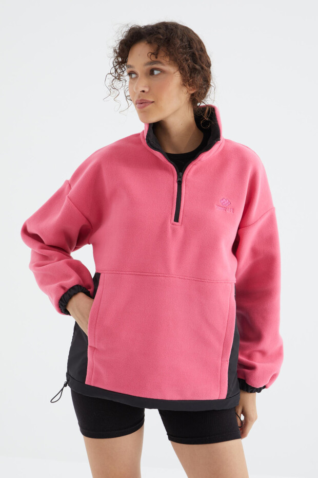 Şeker Pembe Yarım Fermuar Etek Ucu Büzgülü Dik Yaka Oversize Kadın Polar Sweatshirt - 97236 - 5